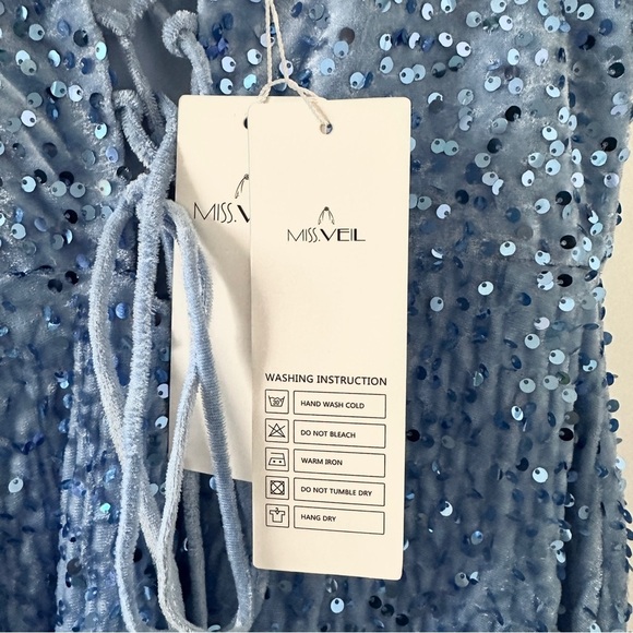 Miss Veil Pastel Blue Sequin Formal Maxi Dress Size Medium Sweetheart Leg Slit - Picture 16 of 16